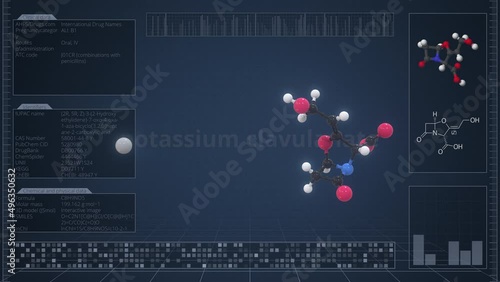 Overview of the molecule of potassium clavulanate on the computer screen. Loopable 3d animation photo