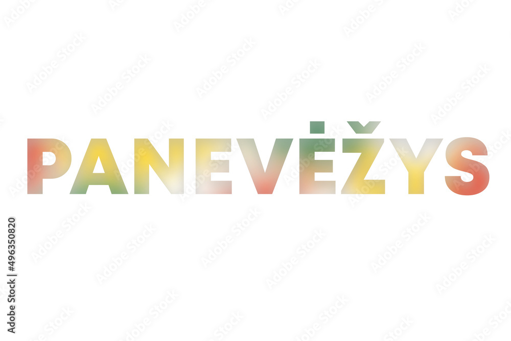 Panevezys lettering decorated with yellow, green and red blurred gradient. Illustration on white, cut out clipart elements for design decoration, sticker, t-shirt print, banner, apps, web Panevezys lettering decorated with yellow, green and red blurred gradient. Illustration on white, cut out clipart elements for design decoration, sticker, t-shirt print, banner, apps, web
