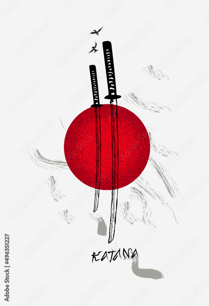 Samurai katana on the background of the Japanese flag. A very original  poster ready for printing or further editing. Stock Vector | Adobe Stock