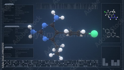 Pyrimethamine molecule with description on the computer screen, loopable 3d animation photo