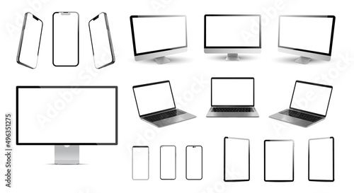 Set mockups of technology devices with empty display. Vector illustration isolated on white background.