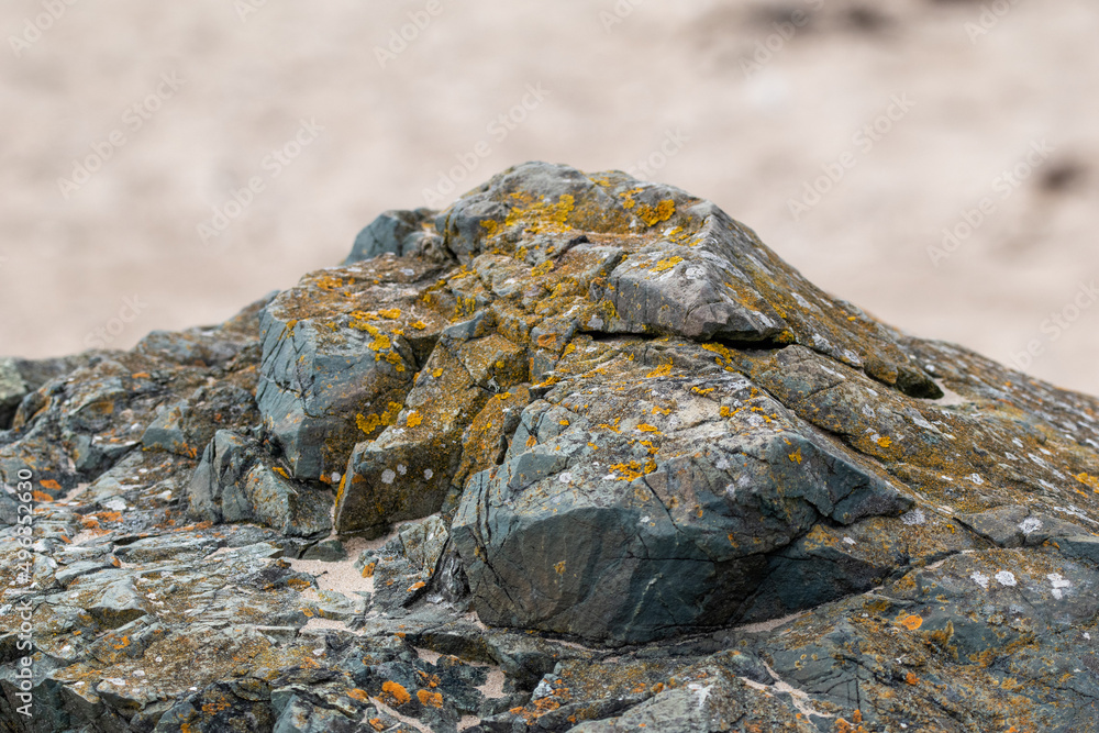 Focus on lava pillows and basalt rocks on Llanddwyn beach in north Wales