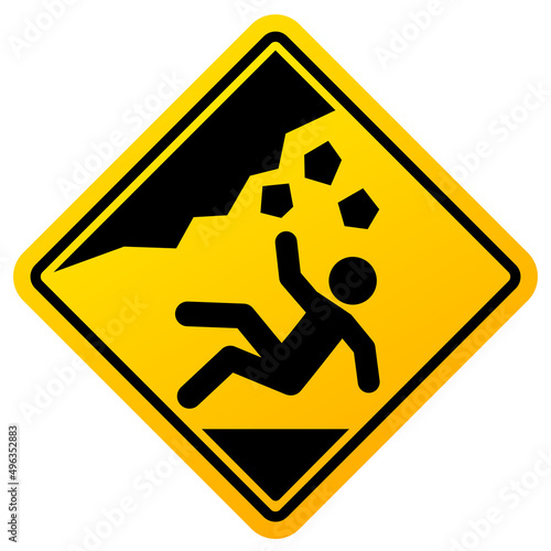 Rocks fall danger sign, unsafe area warning placard