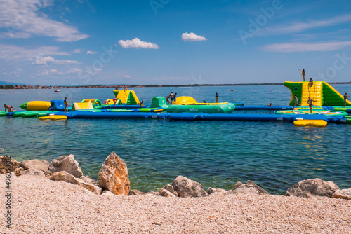 Inflatable aquapark attractions in water, Adriatic Se