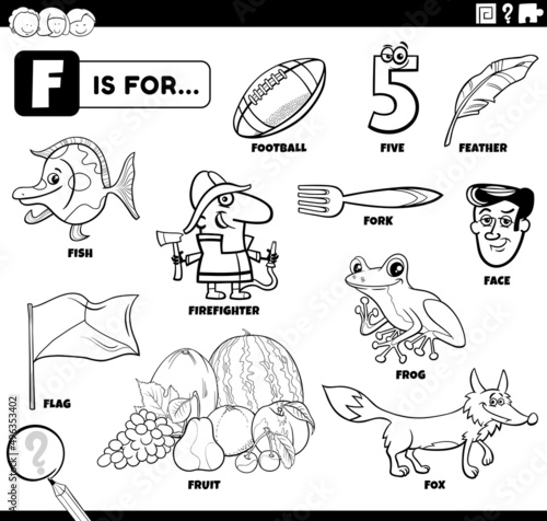 letter f words educational set coloring book page