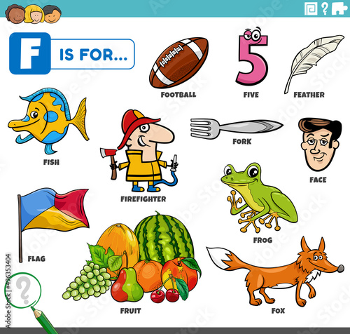 letter f words educational set with cartoon characters