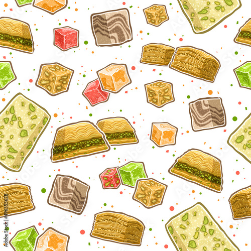 Vector Turkish Sweets seamless pattern, square repeating background with set of cut out illustrations variety lebanese sweet rahat lokum in cubes shape, traditional turkish baklava on white background