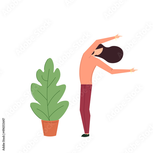 A happy girl stands on the street next to a plant. The wind blows the hair. Modern illustration of man and nature.
