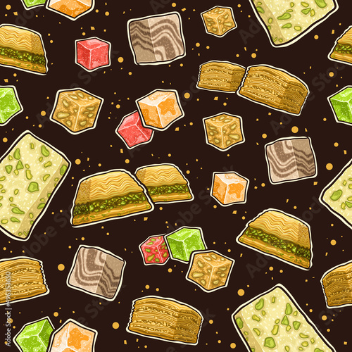 Vector Turkish Sweets seamless pattern, square repeating background with set of cut out illustrations various delicacy lebanese lokum in cubes shape and traditional turkish baklava on dark background