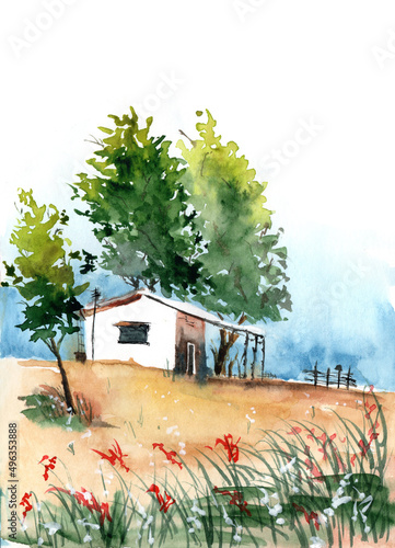 Colorful watercolor illustration of an old white house under the tree shade ans the yellow field with the red flowers and a small tree