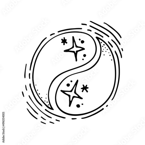 Yin Yang line art. Symbol of male and female. Union of good and evil. An ancient sign of Chinese philosophy. The harmony of nature. Hand drawn vector illustration. Magic talisman.