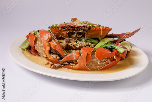BE HOON CRAB WOKKIN in a dish top view on grey background singapore food