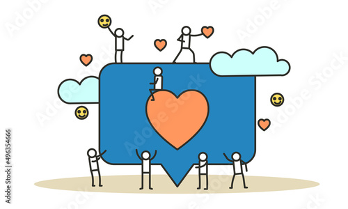 Social media like business feedback message vector. Networking internet people man and woman illustration. Concept follow heart love character repost marketing. User customer group background