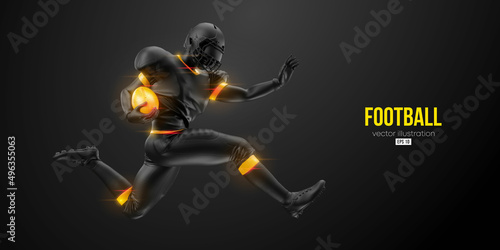 Realistic silhouette of a NFL american football player man in action isolated black background. Vector illustration