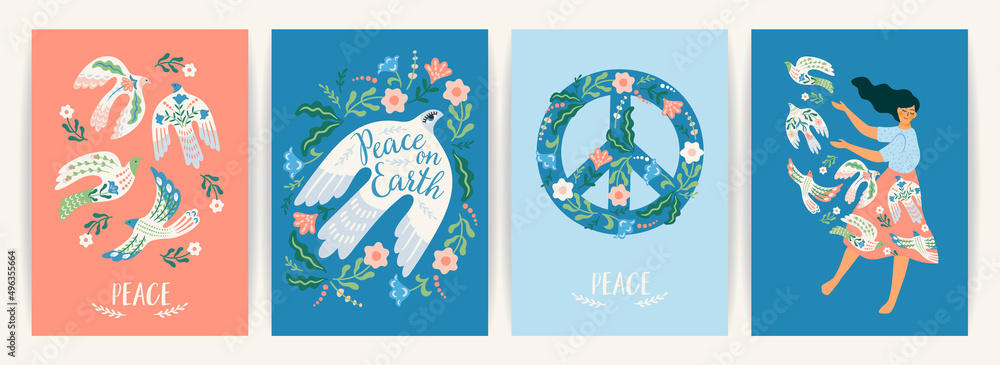 Peace on Earth. Woman and dove of peace. Vector set. Illustration for card, poster, flyer and other Peace on Earth. Woman and dove of peace. Vector set. Illustration for card, poster, flyer and other