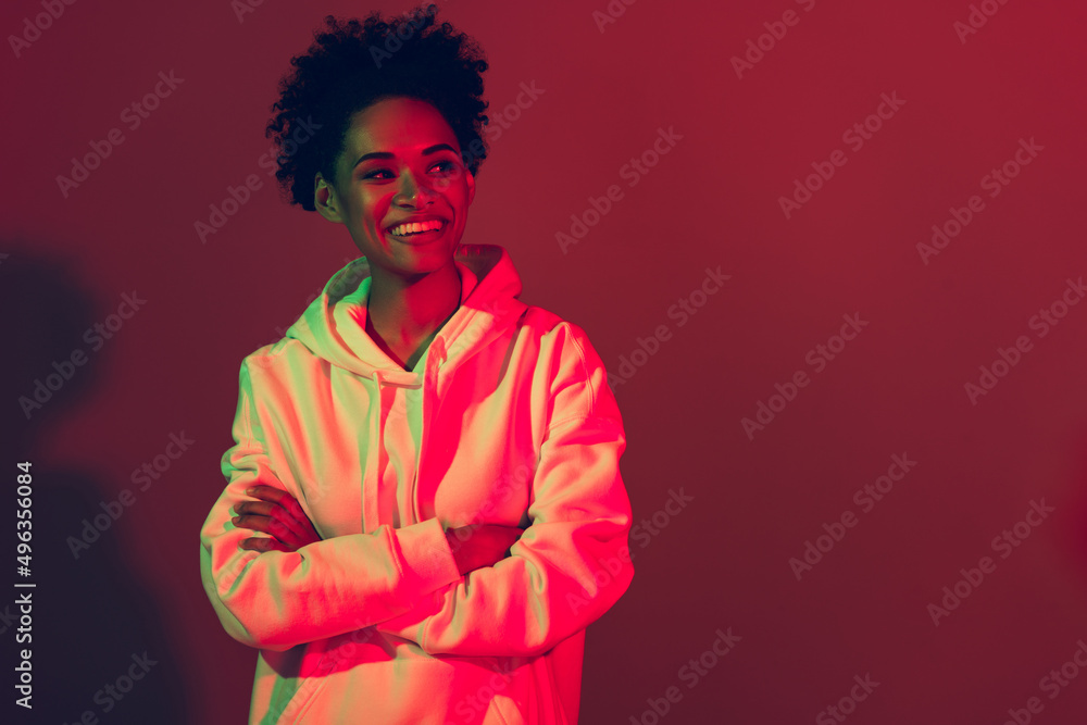 Portrait of attractive funny cheery girl folded arms copy space isolated on bright multicolor light gradient color background Portrait of attractive funny cheery girl folded arms copy space isolated on bright multicolor light gradient color background