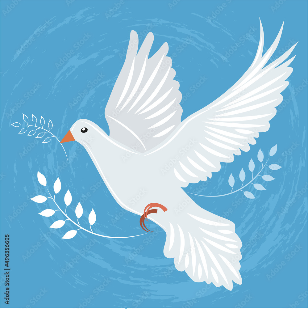 Vector dove of peace with olive branch in beak; The pigeon as symbol of hope and peace in the world on blue background Vector dove of peace with olive branch in beak; The pigeon as symbol of hope and peace in the world on blue background