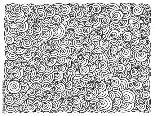 Abstract meditative coloring page with ornate patterns of spirals and striped motifs