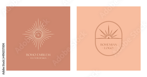 Set of vector bohemian logo design templates with sun,crescent moon,star and sunburst.Boho linear icons or symbols in trendy minimalist style.Modern celestial emblems.Branding design templates.
