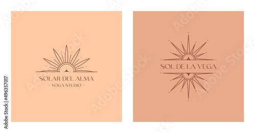 Set of vector bohemian logo design templates with star,sun and sunburst.Modern celestial emblems.Branding boho design.Sol de la Vega means Sun of the Valley,Solar del Alma means Sun of the Soul.