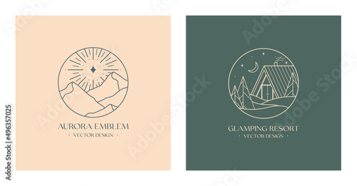 Vector linear glamping emblems with forest landscape,aurora lights,house.Travel logos with mountains,snow hills,crescent moon,polar star.Modern hike,camp,nature reserve,outdoor recreation labels.