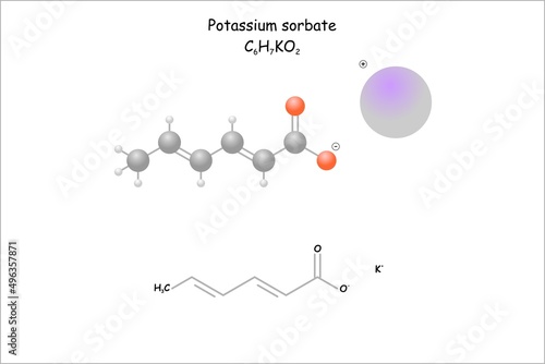 Stylized molecule model/structural formula of the food preservative potassium sorbate.