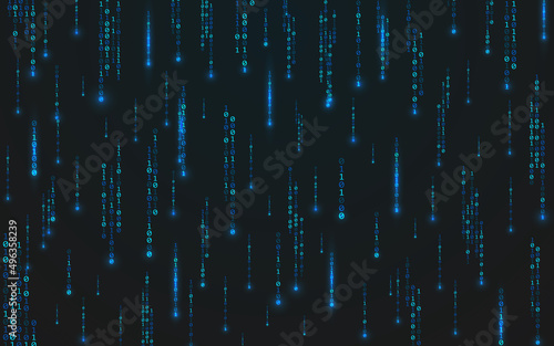 Binary matrix backdrop. Running luminous numbers. Modern futuristic cyberspace. Random falling digits. Abstract technology wallpaper. Vector illustration