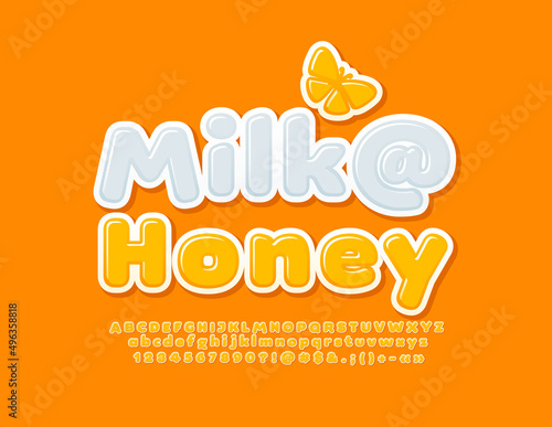 Vector sweet logo Milk and Honey. Sunny cute Font. Artistic Alphabet Letters, Numbers and Symbols. 