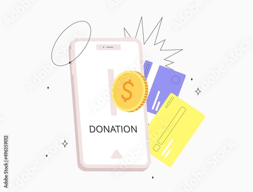 Concept of financial support, donation and charity. Flat vector illustration with phone screen with donation program.