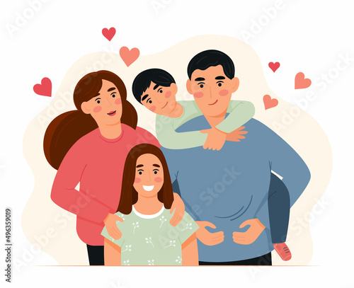 Happy family concept. Parents with kids. Mom hugs her daughter, dad holds his son on his shoulders. Vector illustration in flat cartoon style
