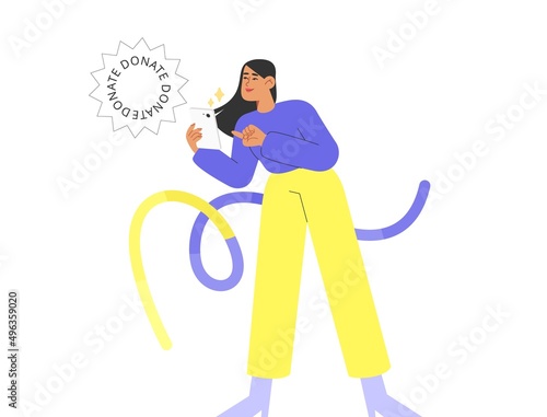 Concept of financial support, donation and charity. Flat vector illustration with female character donating money to charity.