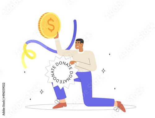 Concept of financial support, donation and charity. Flat vector illustration with male character donating money to charity.