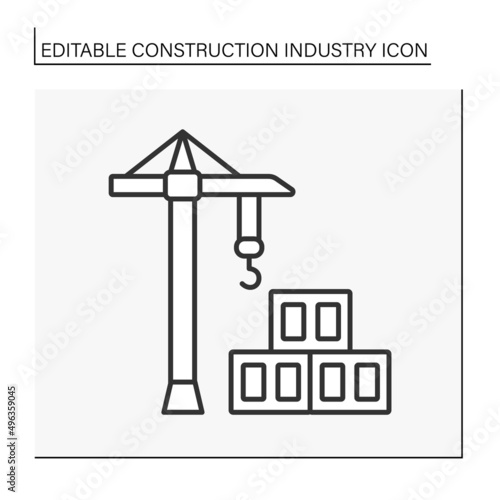  Building process line icon. Hoisting crane and cinder block. Lightweight building brick. Construction industry concept. Isolated vector illustration. Editable stroke