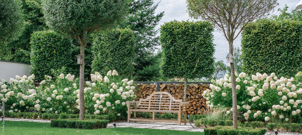 Fototapeta premium Ogród nowoczesny , stylowy ,zadbany z ławeczką angielską i formowanymi drzewami. Zaciszne miejsce w ogrodzie