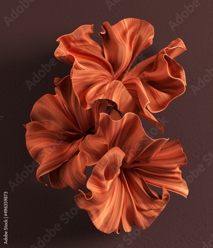 Fototapeta Naklejka Na Ścianę i Meble -  Fabric flowers product display background, satin floral decoration 3d rendering, abstract cloth embellishment, beautiful template for fashion accessories