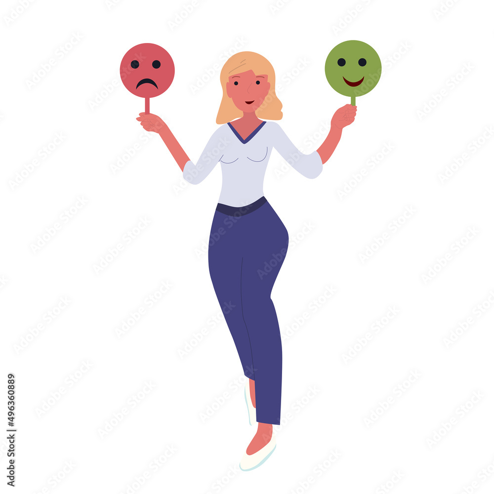 Give review rating and feedback. Woman holding in hands positive, negative signs. Customer choice. Hand drawn colored vector flat illustration Give review rating and feedback. Woman holding in hands positive, negative signs. Customer choice. Hand drawn colored vector flat illustration