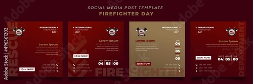 Set of social media post template with red and gold background for firefighter day design
