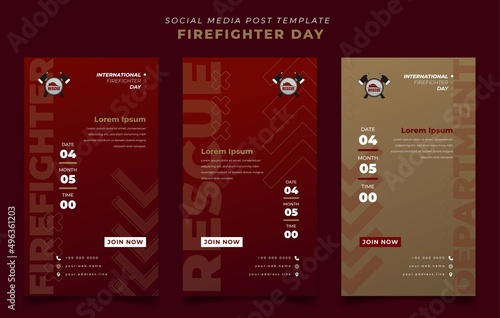 Set of social media template with red and gold background for firefighter day in portrait design