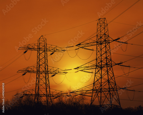 Electricity pylon during sunset, Scotland