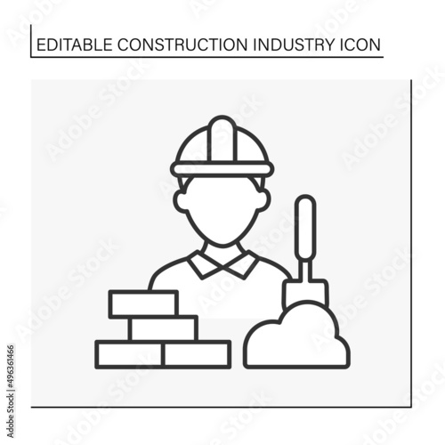  Building process line icon. Builder build brick walls. Construction industry concept. Isolated vector illustration. Editable stroke