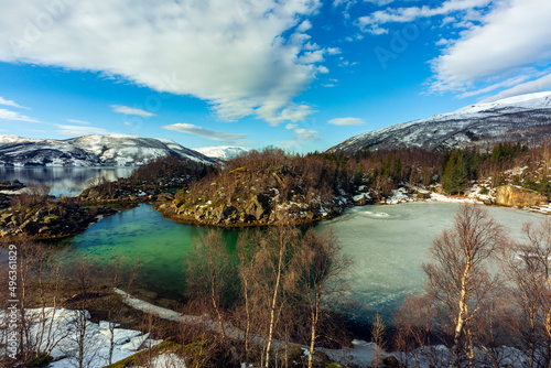 Norwegian Fjords. Mountains, snow, sea in Lapland. Norway a landscape in nature