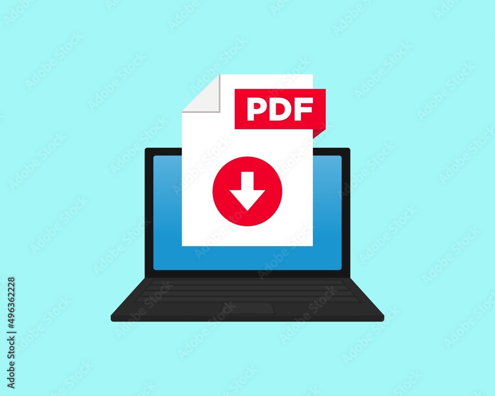 Download PDF icon file with label on laptop screen. Downloading document concept. Banner for business Download PDF icon file with label on laptop screen. Downloading document concept. Banner for business