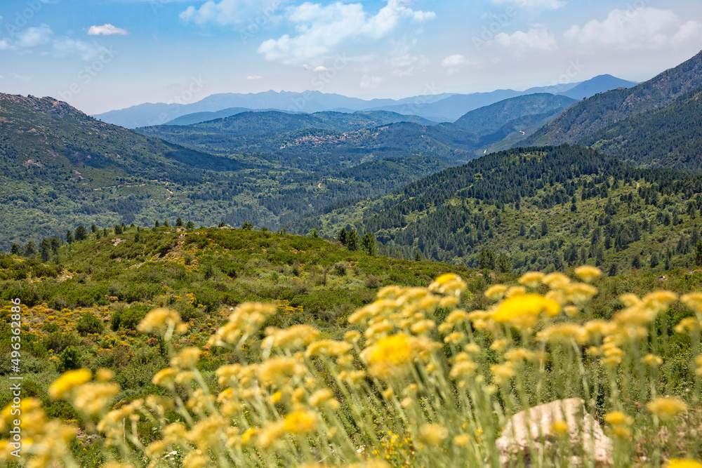 Panoramic view of spectacular landscape near the village Quenza and Zonza. View of the village of Quenza and the hills, island of Corsica, Corse du Sud, France