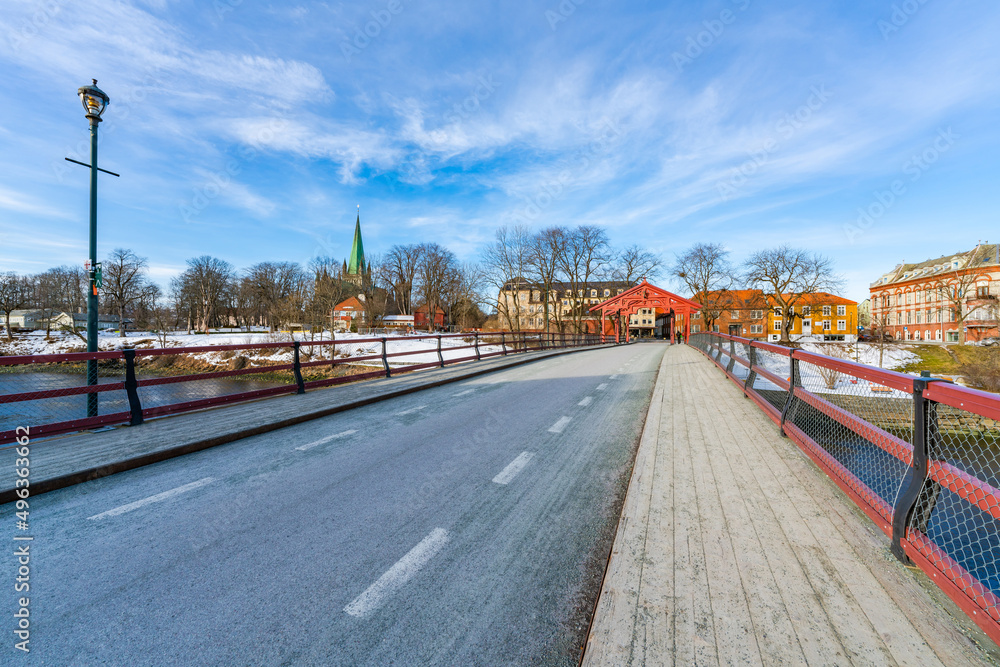 Famous Gamle Bybro (Old Town Bridge) over the river Nidelva in Trondheim, Norway