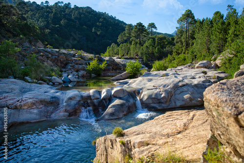 The Cavu river and its natural pools. Piscines Naturelles De Cavu are natural swimming pools formed by river Cavu, Corse du Sud, Corsica, France