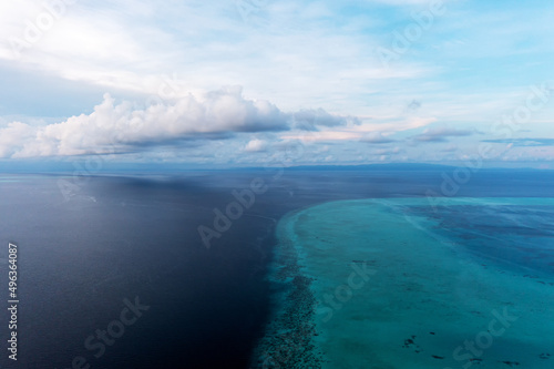 Drone point of view of an ocean with turquoise water Sabah Borneo Malaysia