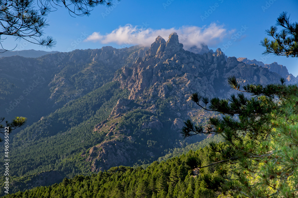 Obraz premium In the south of Corsica, the Aiguilles de Bavella tower into the sky. The Col de Bavella is a mountain pass in the south of Corsica Regional Nature Park, Corsica island, France