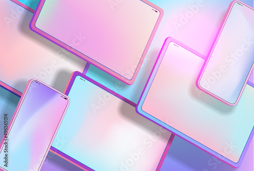 Color digital tablets and mobile phones with gradients on screens in space