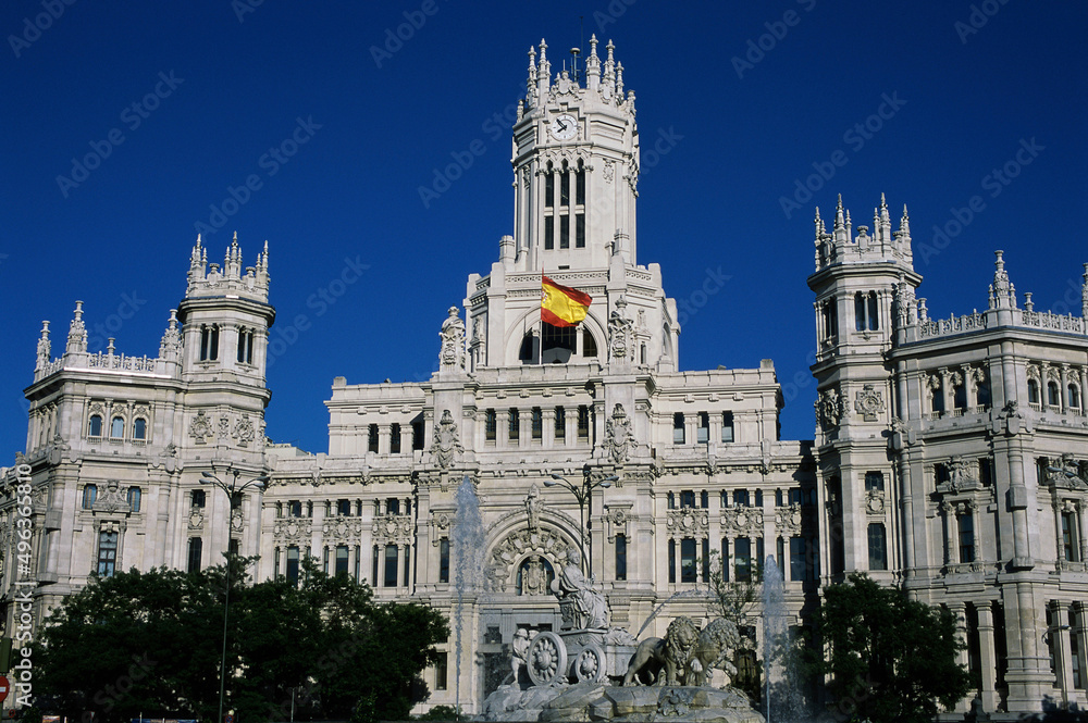 Facade of a building, Cibeles Fountain, Communications Palace, Plaza de Cibeles, Madrid, Spain Facade of a building, Cibeles Fountain, Communications Palace, Plaza de Cibeles, Madrid, Spain