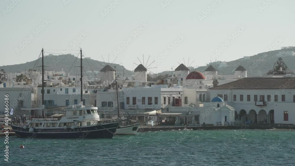 Boats in Old Harbour and windmills in background, Mykonos Town, Mykonos, Cyclades, Greek Islands Boats in Old Harbour and windmills in background, Mykonos Town, Mykonos, Cyclades, Greek Islands